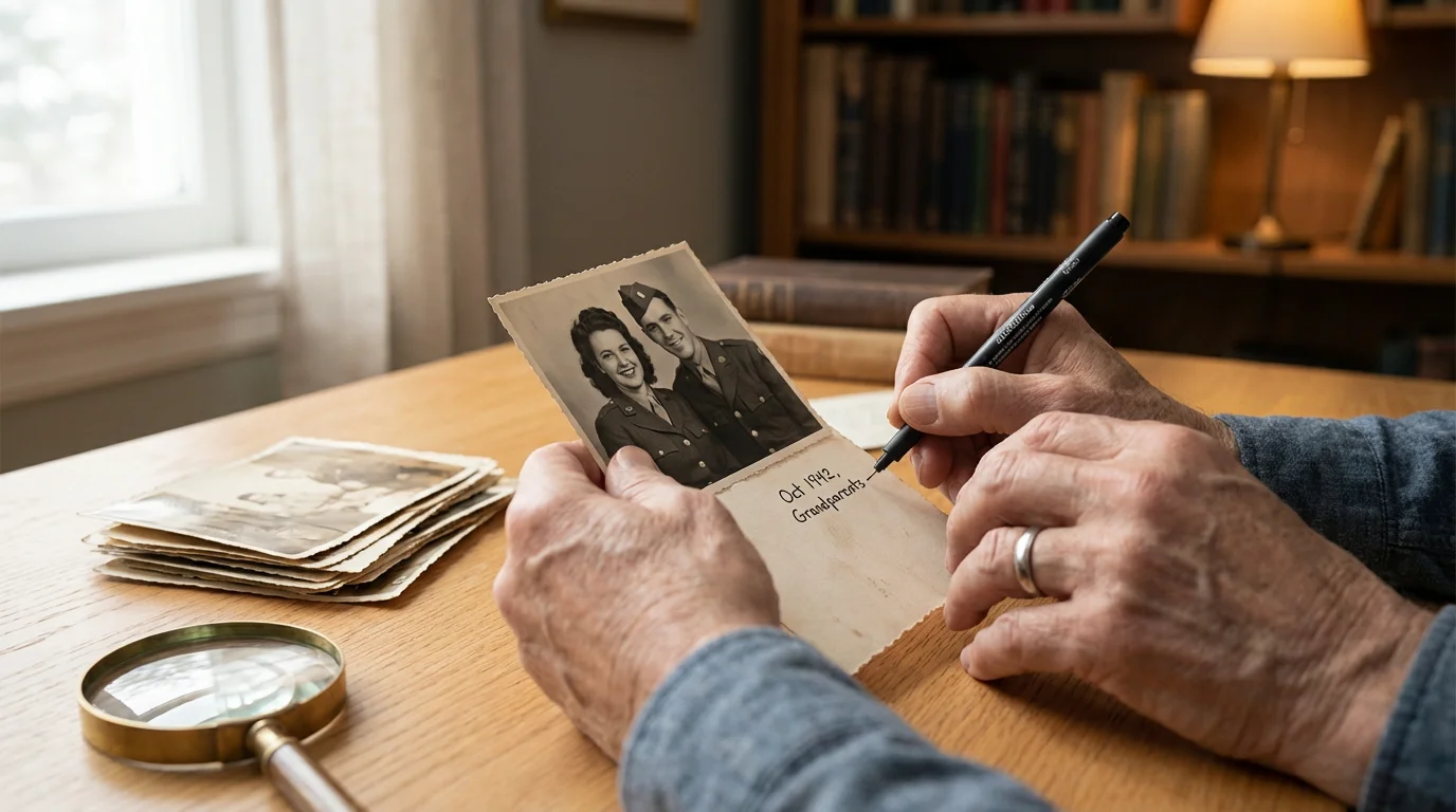 A person's hands carefully writing identification details on the back of a vintage photograph.