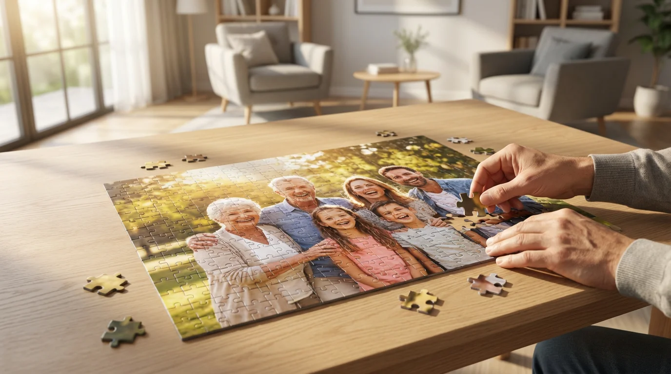 A person's hands finishing a custom family photo jigsaw puzzle on a wooden table.