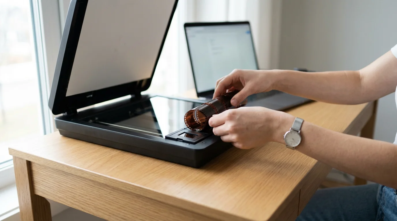 A person's hands placing a 35mm film negative strip into a flatbed scanner.