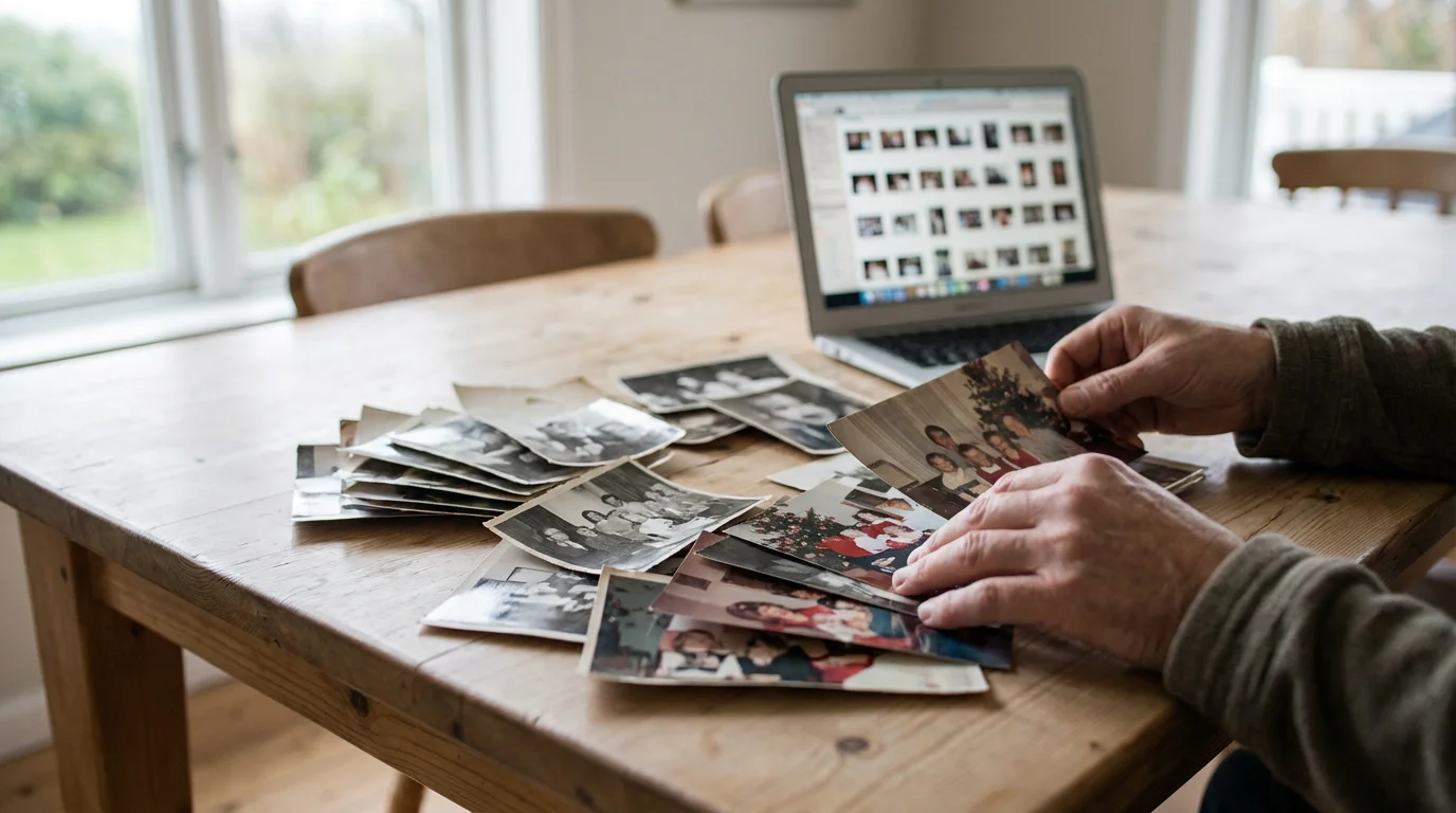 A person's hands sorting through scattered piles of printed photographs on a wooden table.