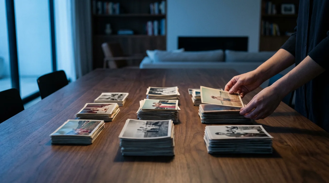 A person's hands sorting vintage photographs into organized piles on a dark wood table.
