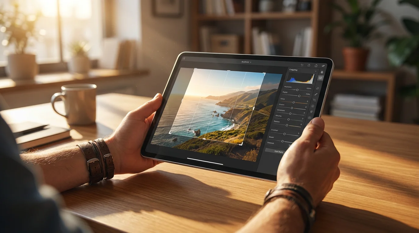 A person's hands using a tablet to crop and edit a photograph.