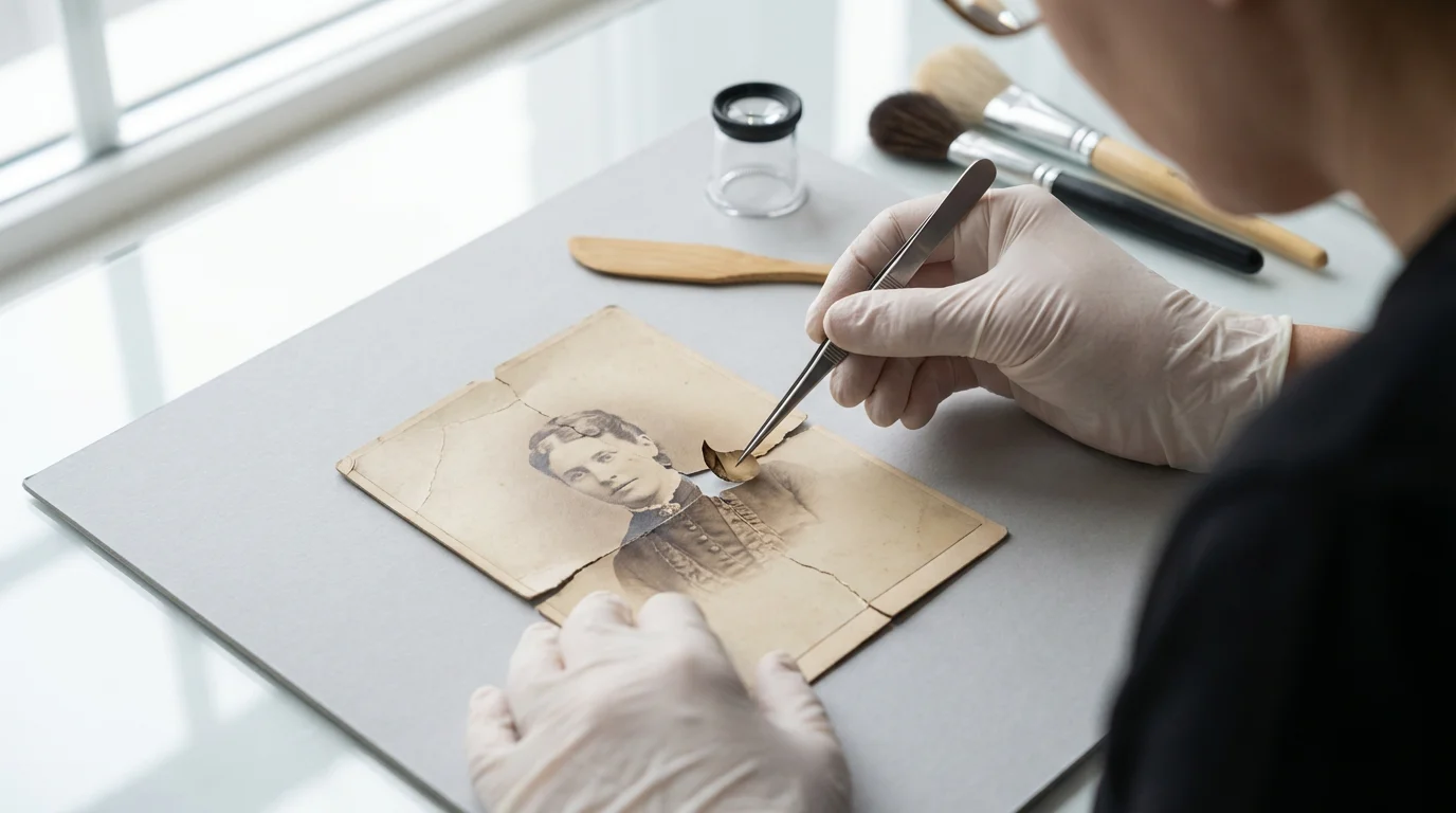 A photo conservator's gloved hands carefully restoring a fragile, damaged 19th-century photograph with tweezers.