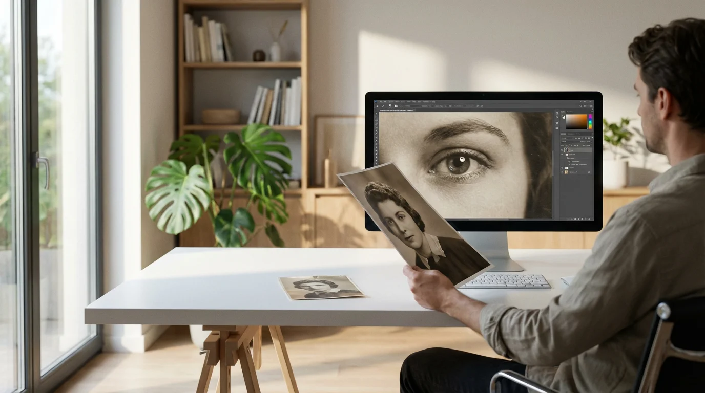 A photo restorer in a modern studio examining a print in soft morning light.