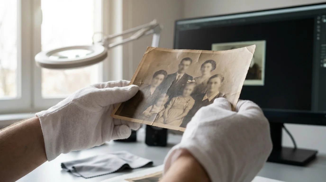 A photo restorer's gloved hands carefully examining a blurry, vintage family photograph in a studio.