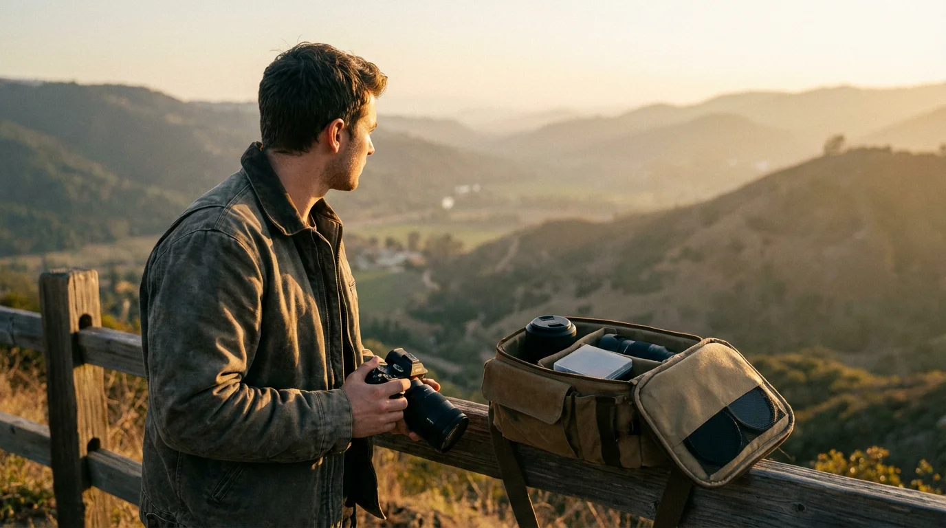 A photographer holding a camera looks over a mountain valley during a golden hour sunset.