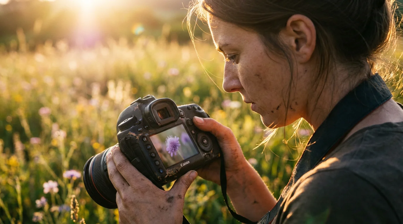A photographer reviewing a slightly blurry flower photo on her camera in a field.