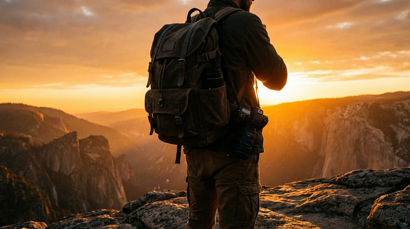 A photographer wearing a camera backpack on a mountain overlook during a warm golden hour.