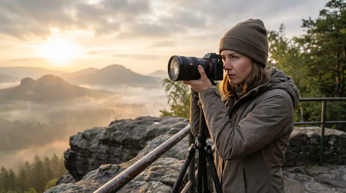 A photographer with a professional camera prepares to shoot a misty valley at sunrise.