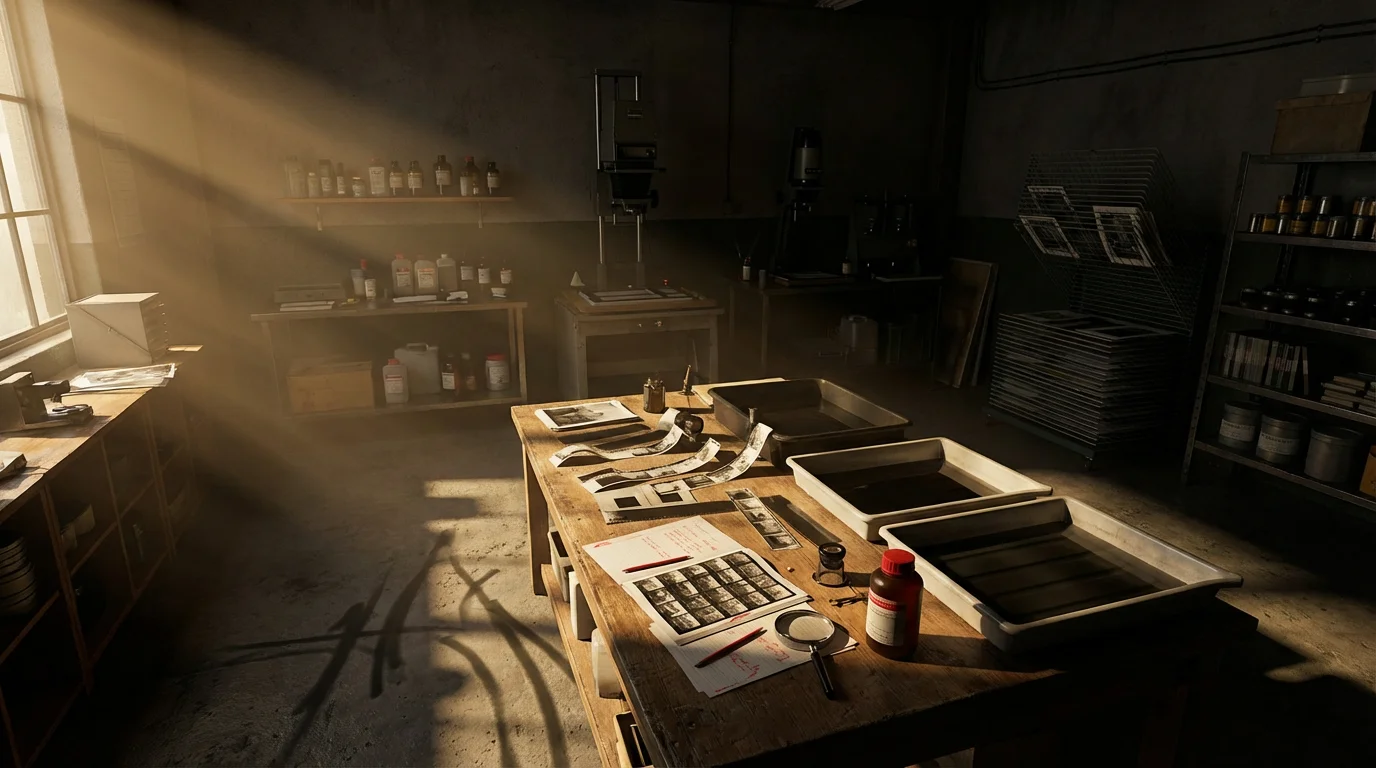 A photographer's darkroom with photo test prints and equipment on a workbench in afternoon light.