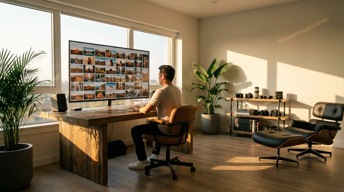 A photographer's minimalist studio with a monitor showing a large collection of edited photos.