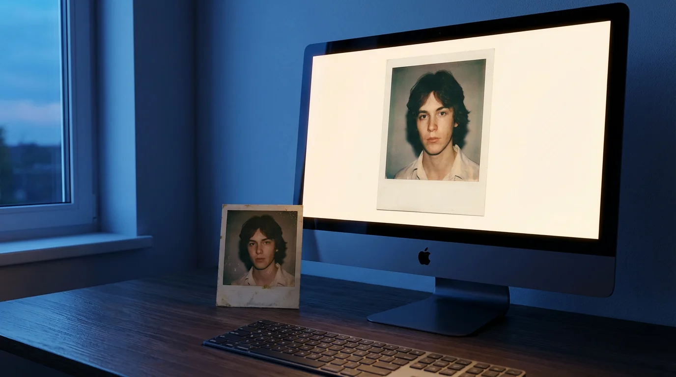 A physical Polaroid photo on a desk next to its digital backup on a computer screen.