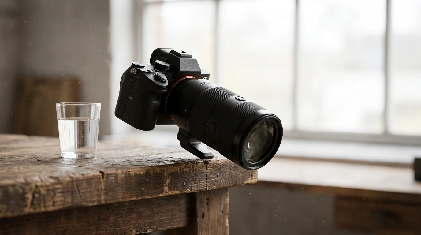 A professional camera and lens left unprotected on a wooden table near a window.