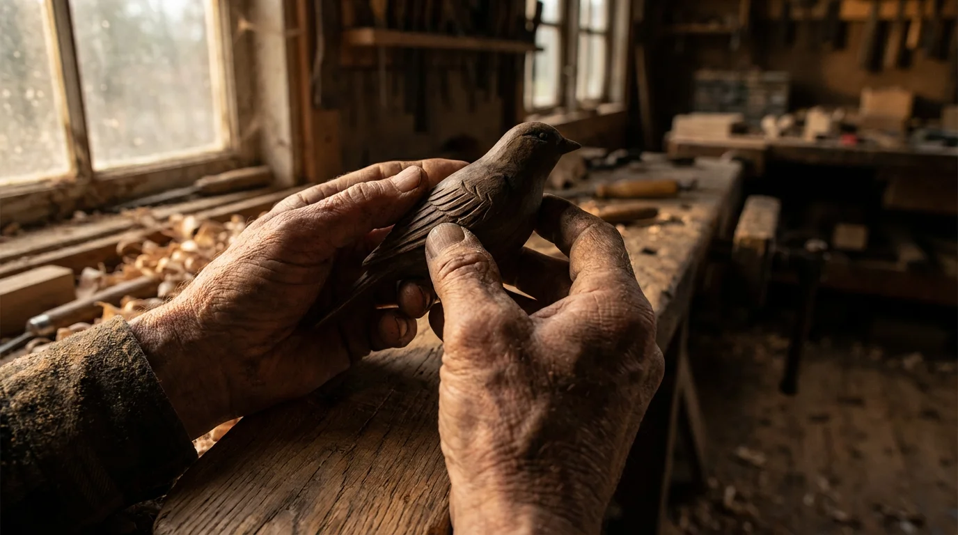 A sharp, low-angle photo of an elderly craftsman's hands holding a carved wooden bird.