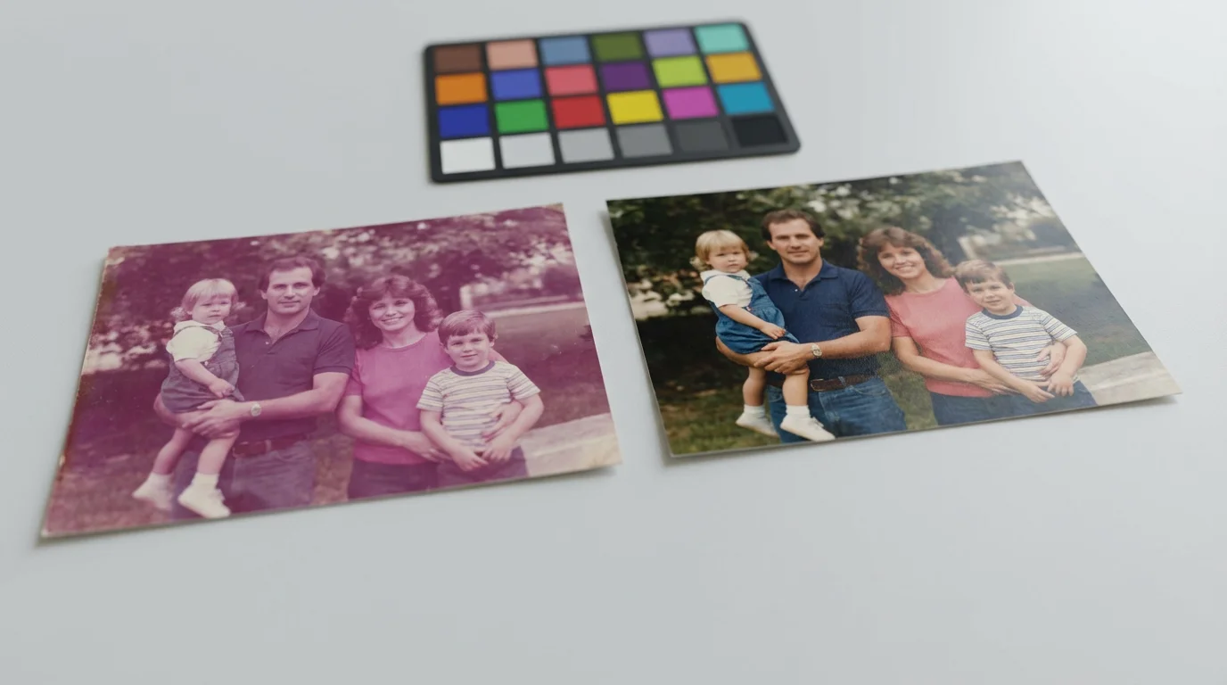 A side-by-side comparison of a faded vintage photo and its vibrant, color-corrected version.