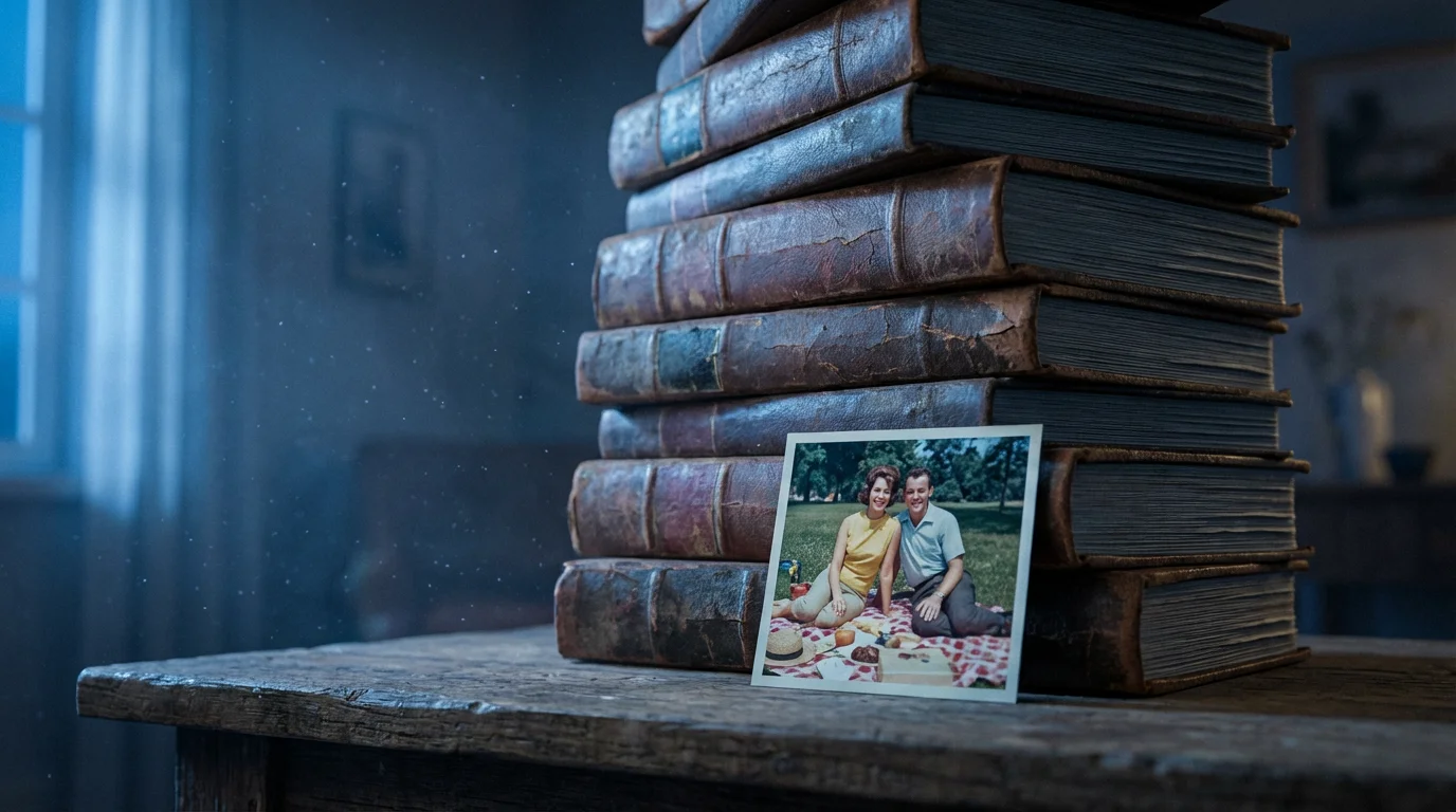 A single restored vibrant photo leaning against a stack of old, dusty photo albums.