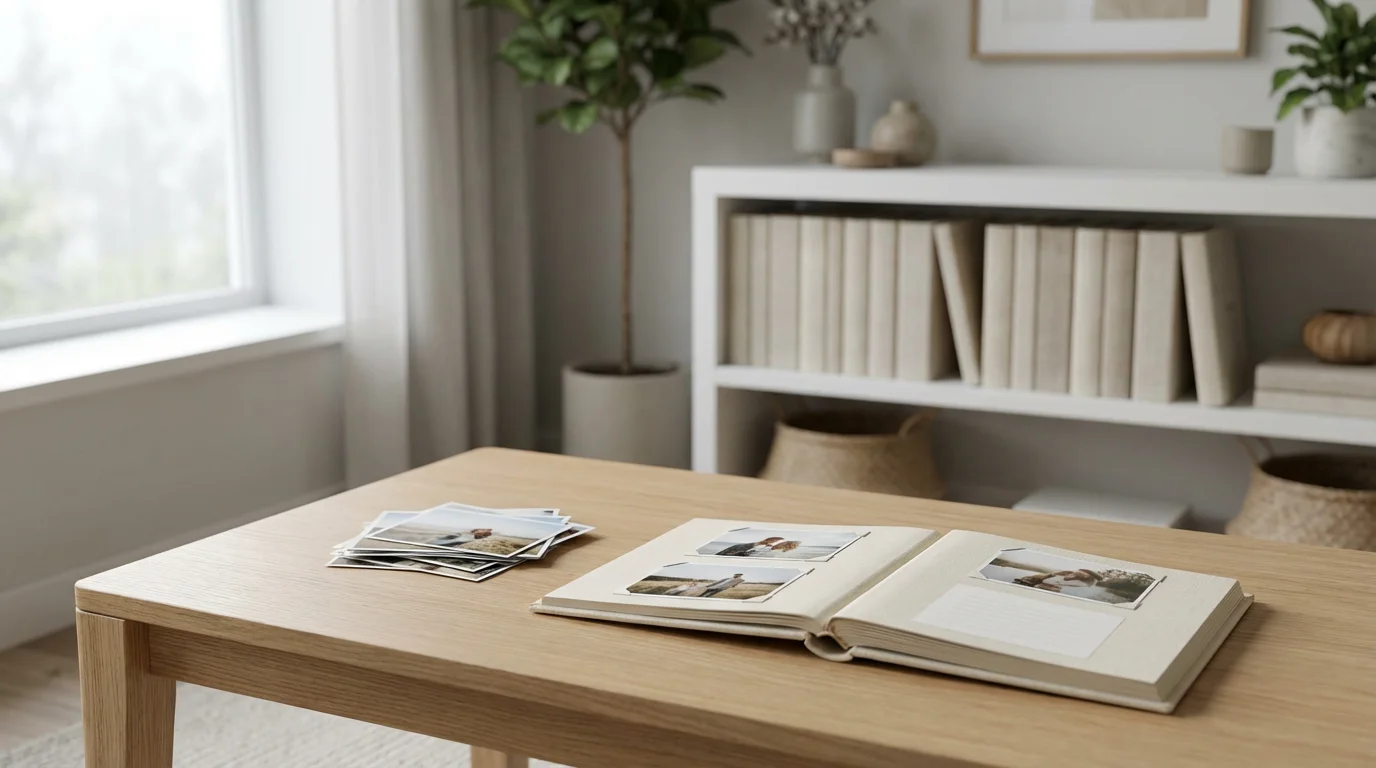 A small stack of photos and an empty album on a coffee table in a modern living room.