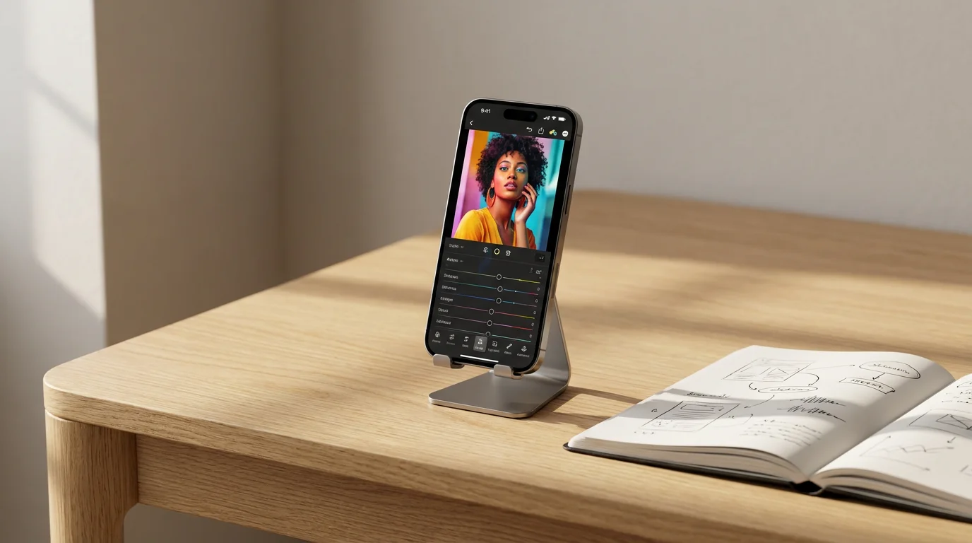 A smartphone on a desk stand displaying a photo editing app next to a notebook.