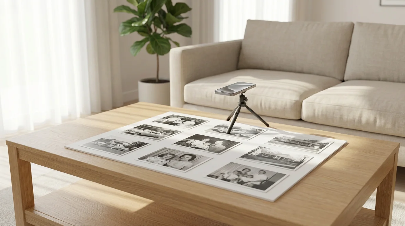 A smartphone on a small tripod scanning old black-and-white photos in a sunlit room.