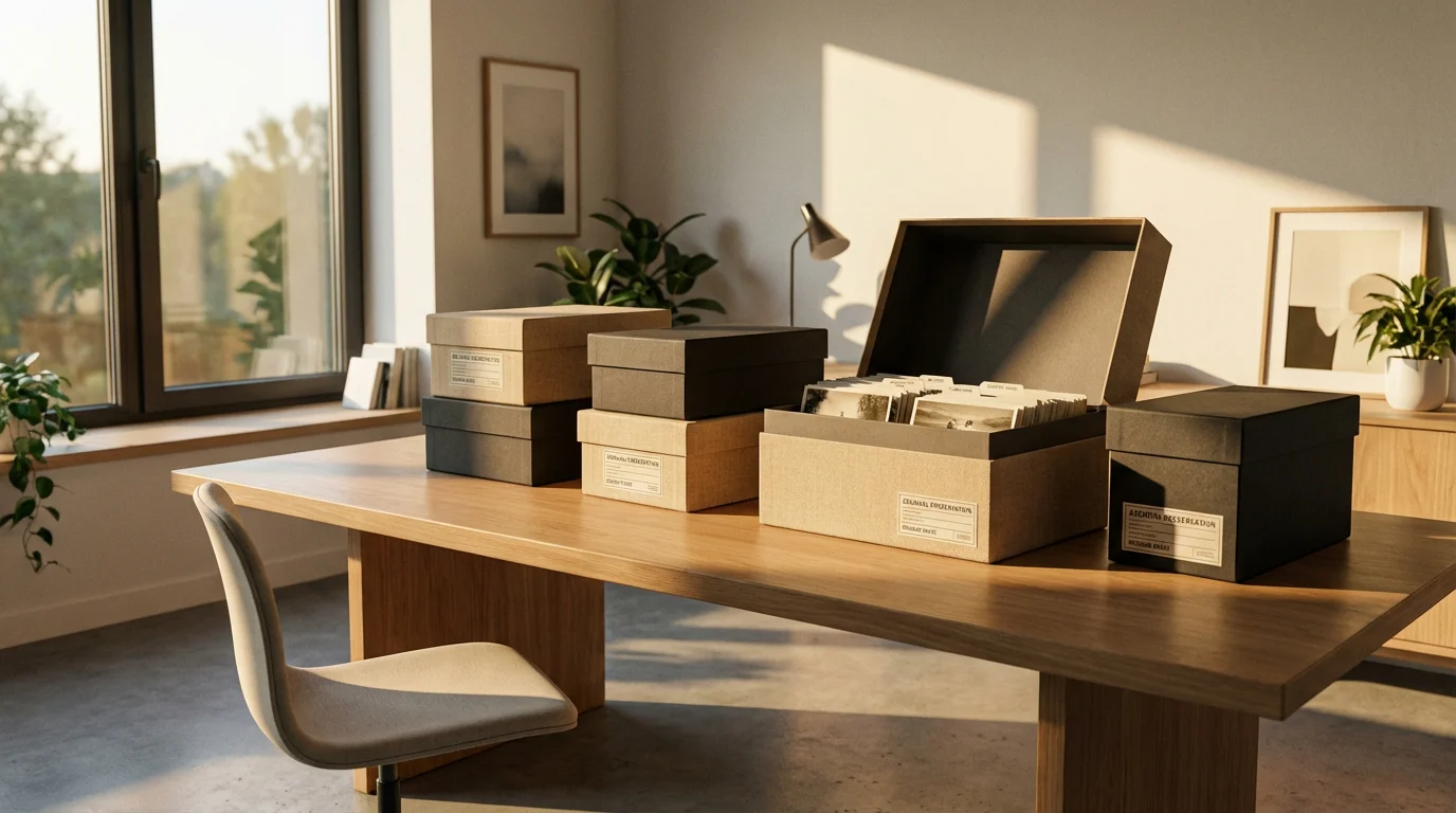A stack of sturdy archival photo boxes on a desk in a sunlit room.