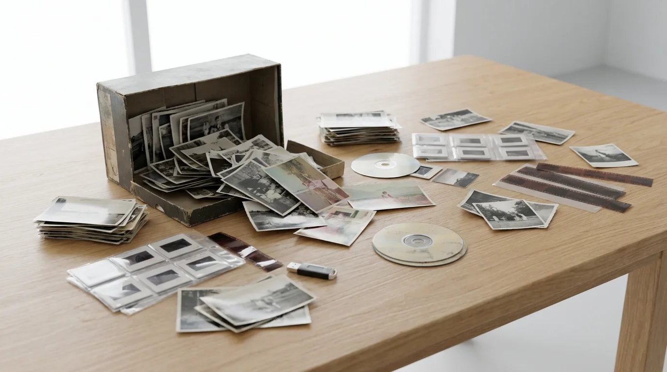 A table covered with a messy but organized collection of old photographs, slides, and negatives.