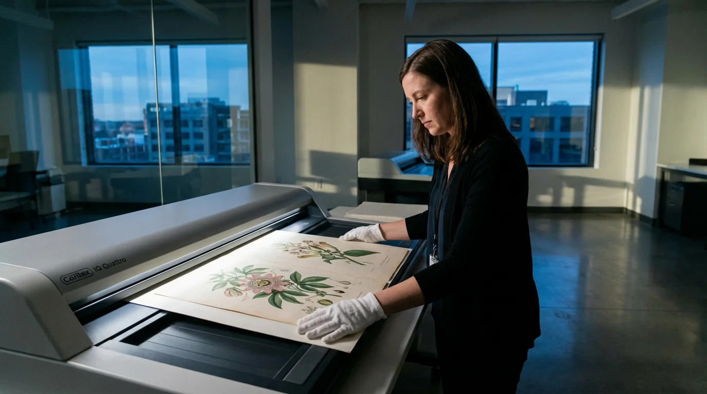 A technician carefully feeds a large vintage illustration into a professional large format scanner.