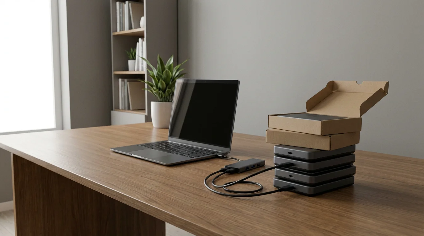 A tidy home office desk with a laptop and a growing stack of external hard drives.