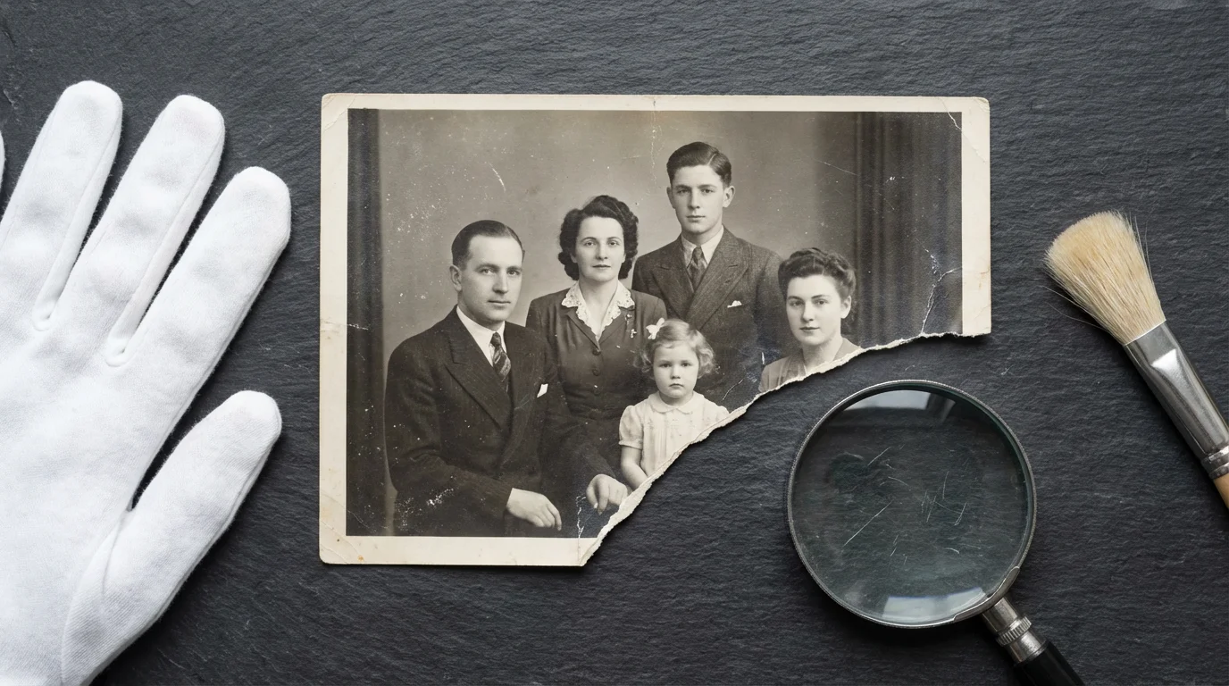 A torn and scratched vintage photograph on a slate surface with archival restoration tools.