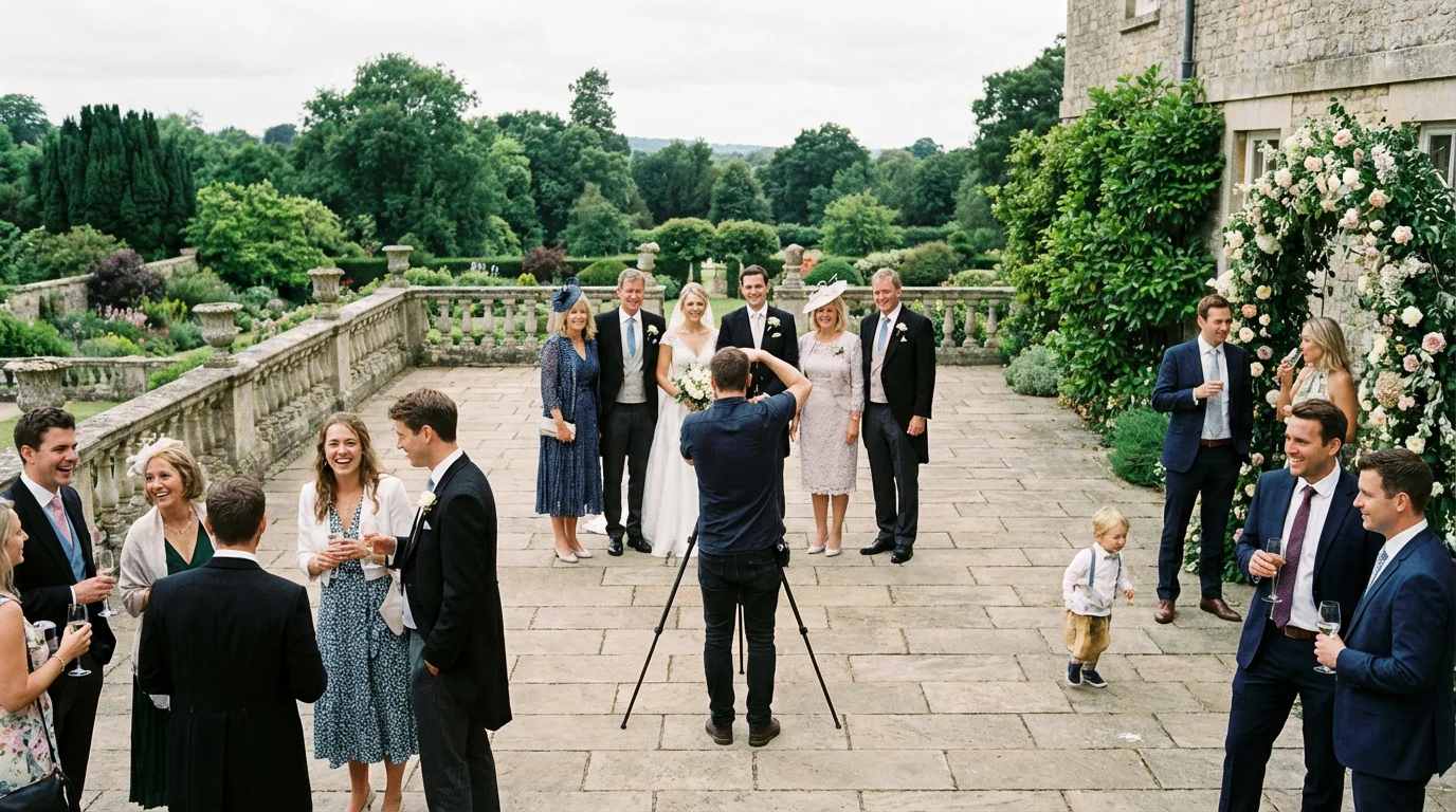 A wedding photographer takes a posed group photo amid candidly mingling guests at a reception.