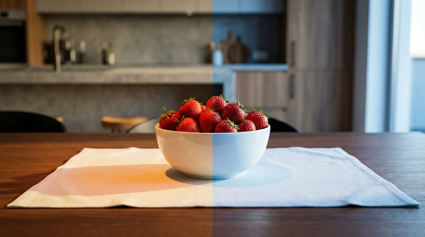 A white bowl on a table under mixed lighting, showing a yellow and blue color cast.
