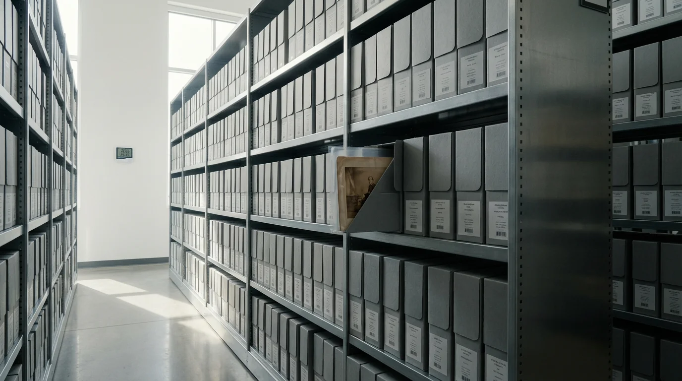 A wide shot of a clean, modern archival room for storing historic photographs.