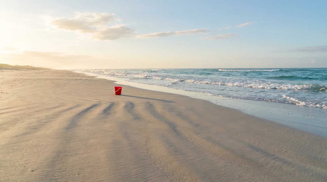 A wide shot of a serene, empty beach with a single red plastic bucket.