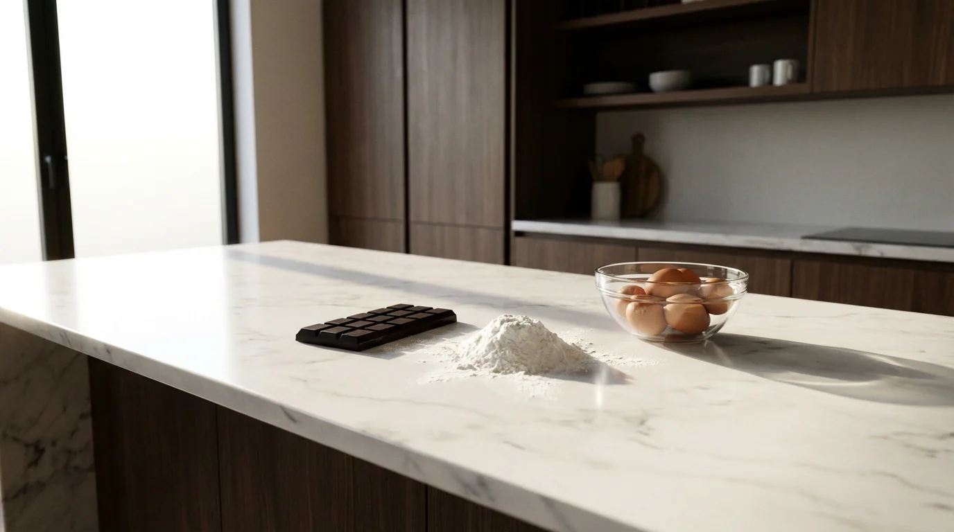 A wide shot of a sunlit modern kitchen with baking ingredients on the counter.