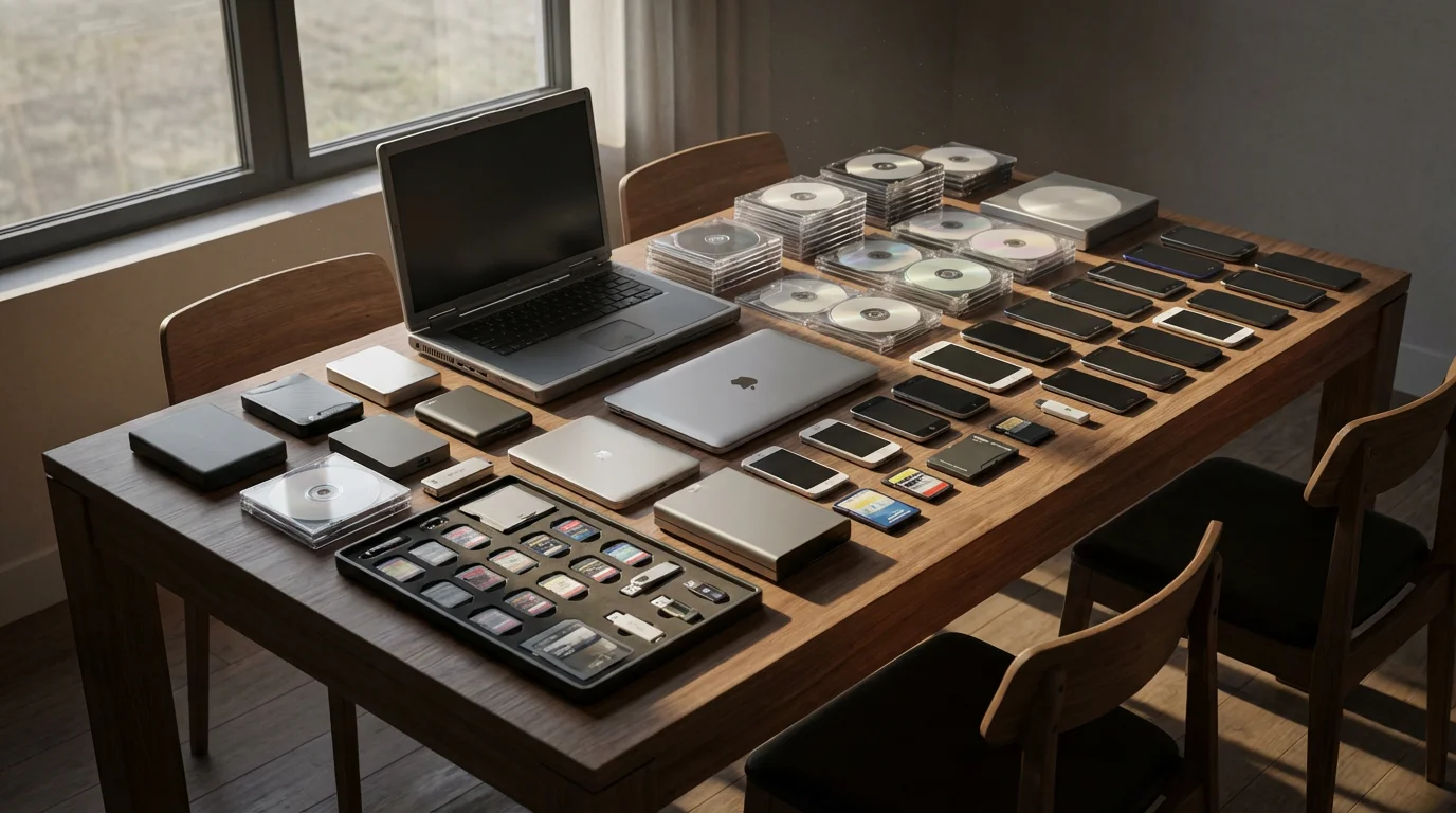 A wide shot of old digital storage devices neatly arranged on a wooden table.