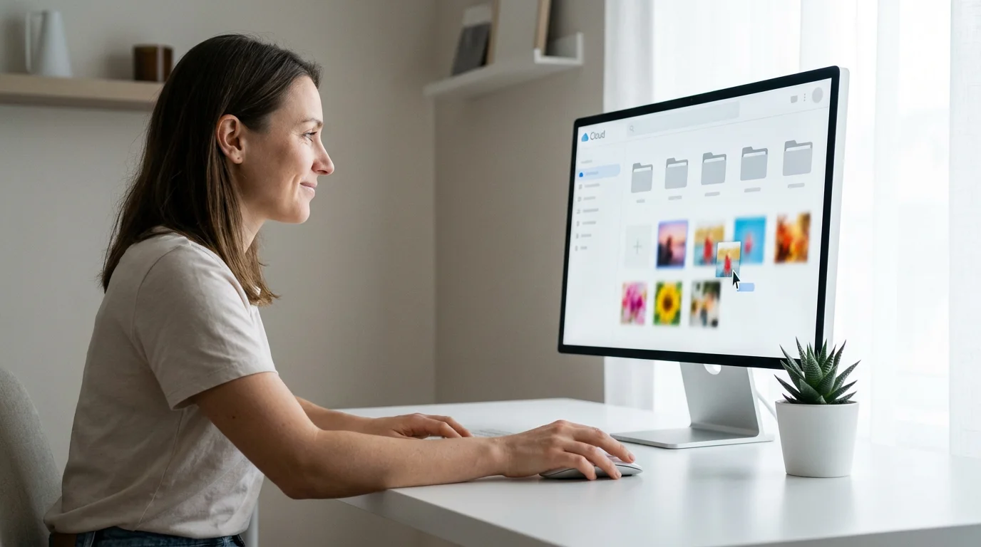 A woman at her desk organizing family photos using a generic cloud storage interface.