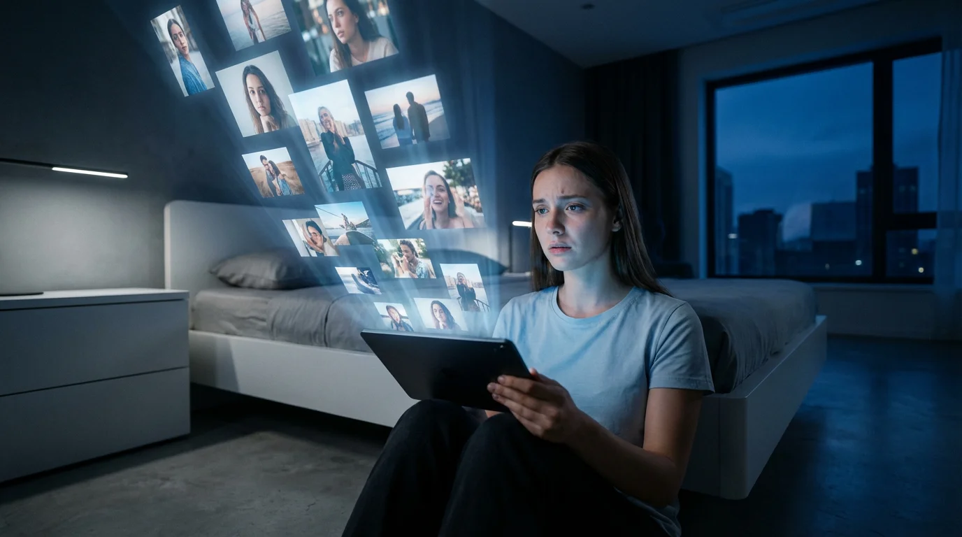 A woman in a dark room watches a projection of personal photos rise from her tablet.