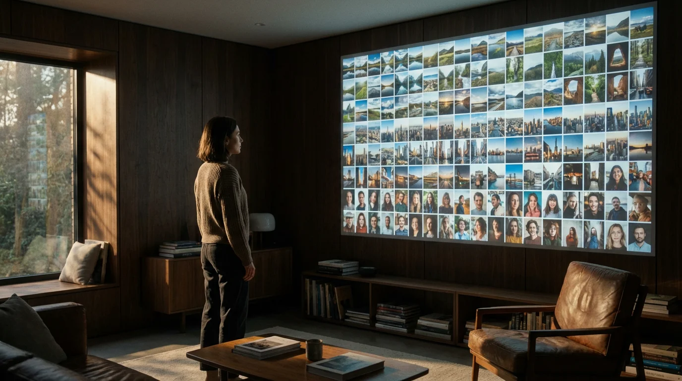 A woman in a dark room watching a large wall projection of neatly sorted photos.