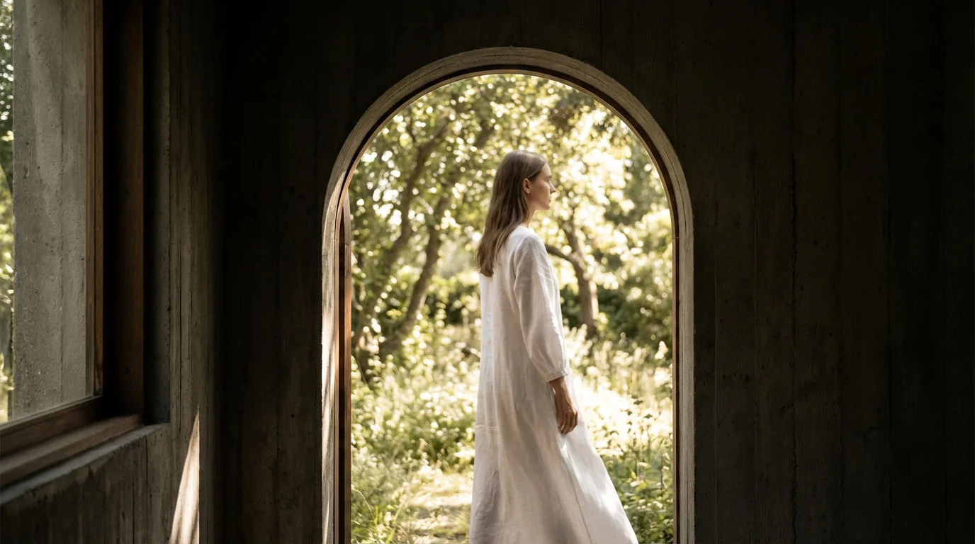 A woman in a white dress framed by a dark doorway, looking into a sunlit garden.