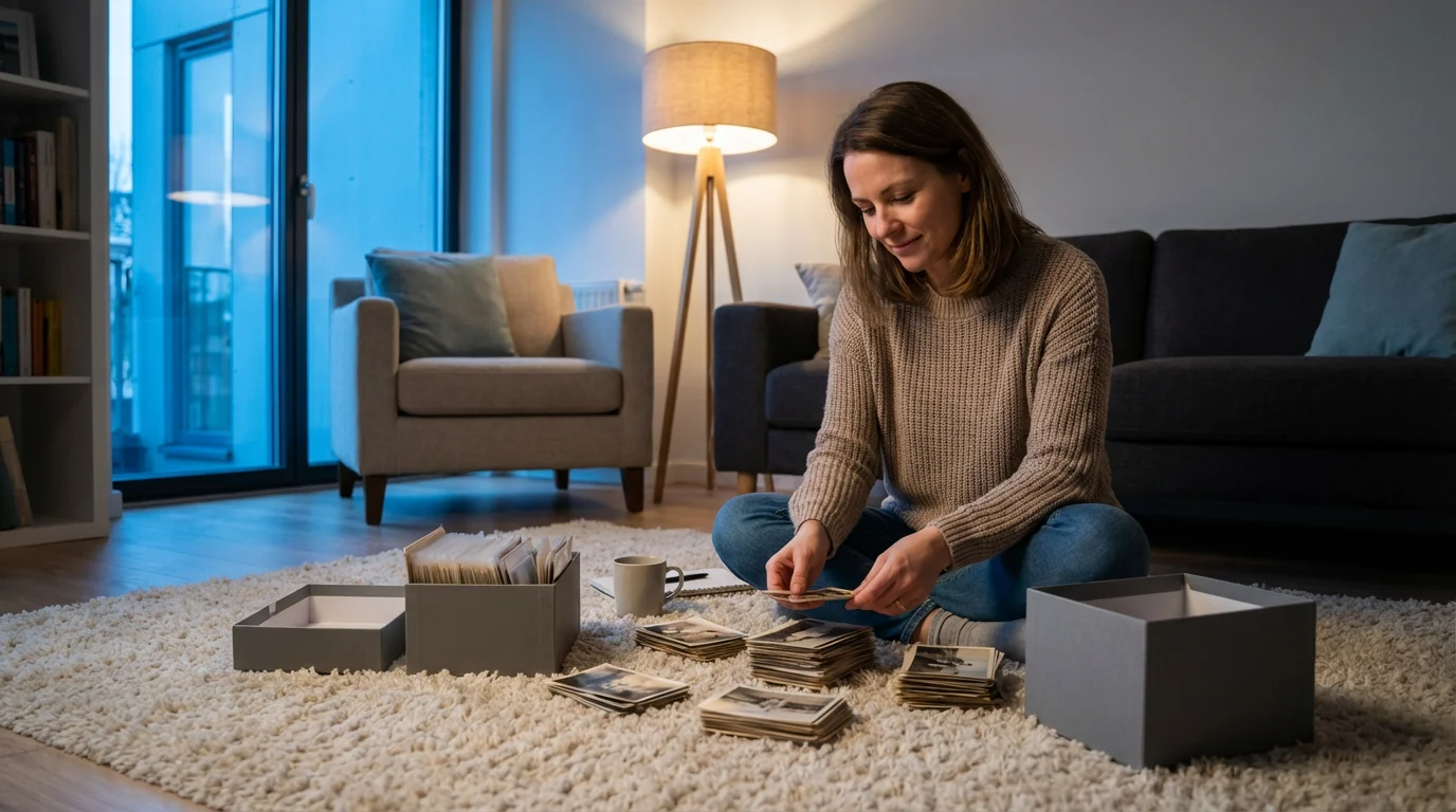 A woman sitting on a living room floor organizing old physical photographs at dusk.