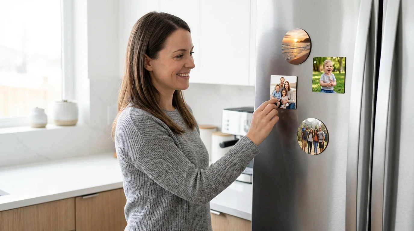 A woman smiles while looking at personal photo magnets arranged on a kitchen refrigerator.