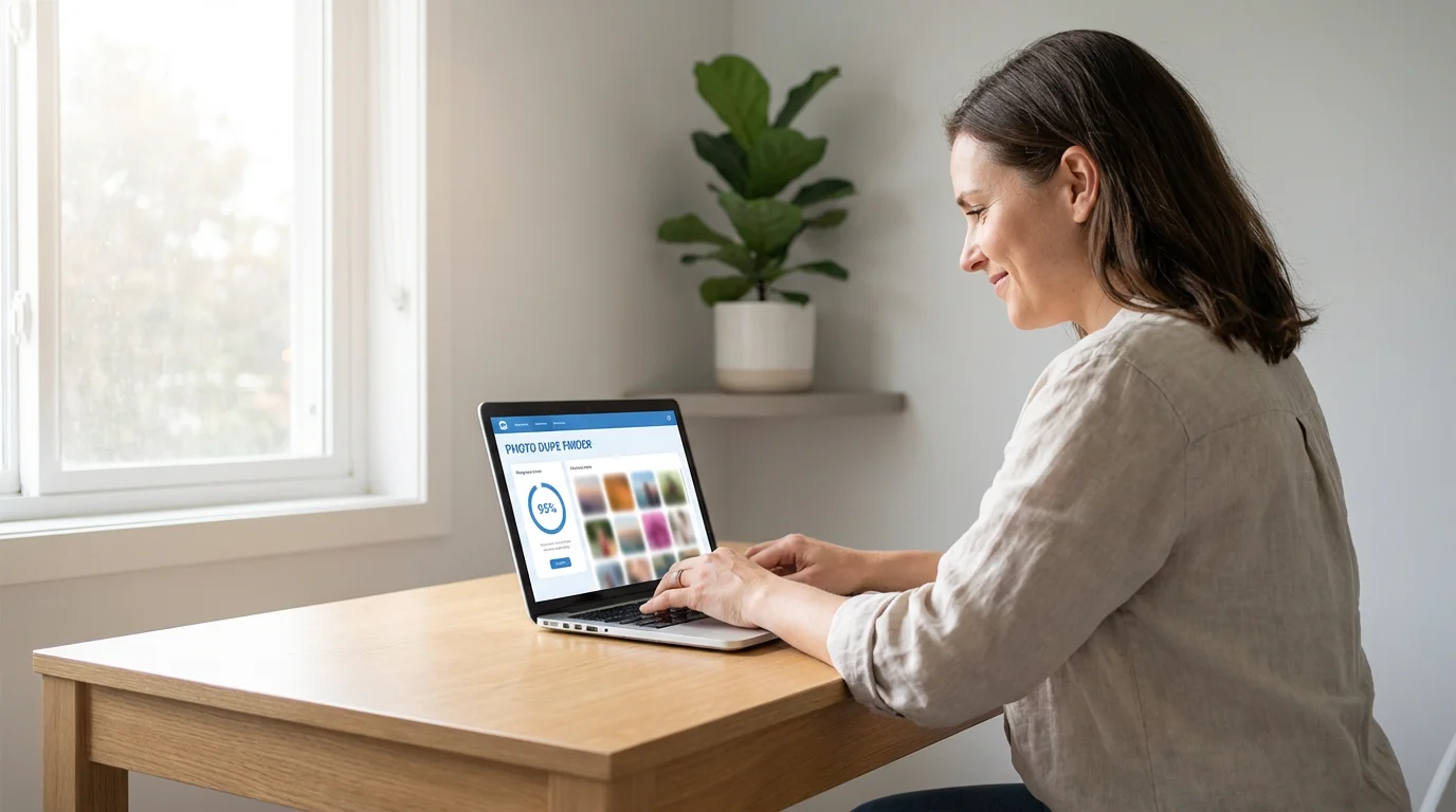 A woman smiles while using duplicate photo finder software on her laptop at a desk.