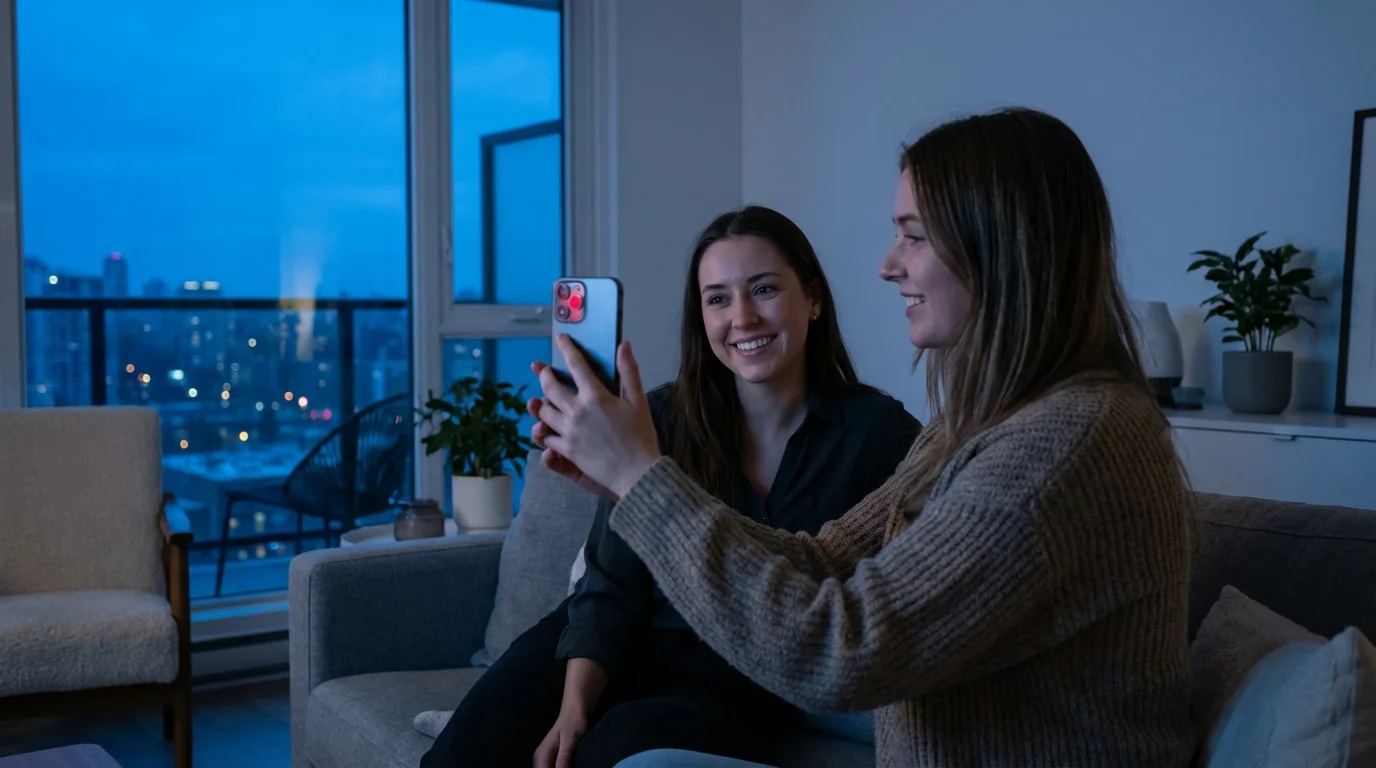 A woman takes a portrait of her friend with a smartphone during blue hour.