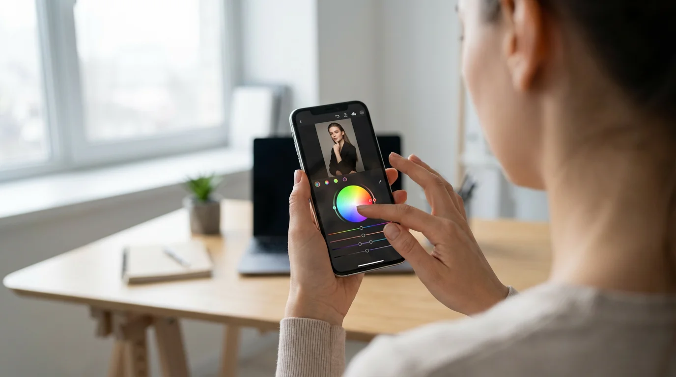 A woman's hands holding a smartphone, editing a professional portrait in a bright studio.