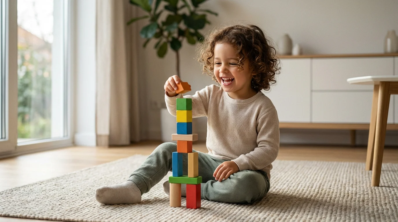 A young child at eye-level, concentrating while building a colorful wooden block tower.