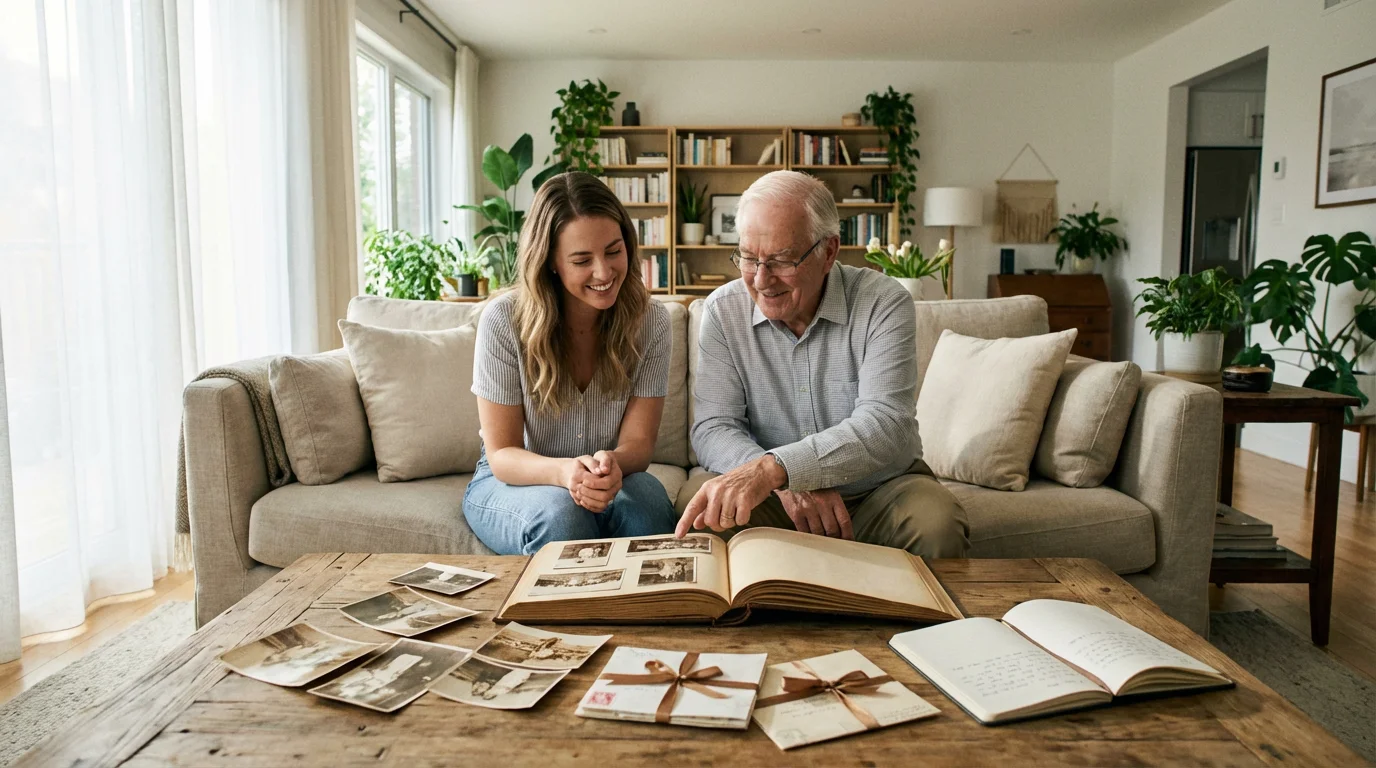 A young woman and her grandfather research family history using old photos and scrapbooks.