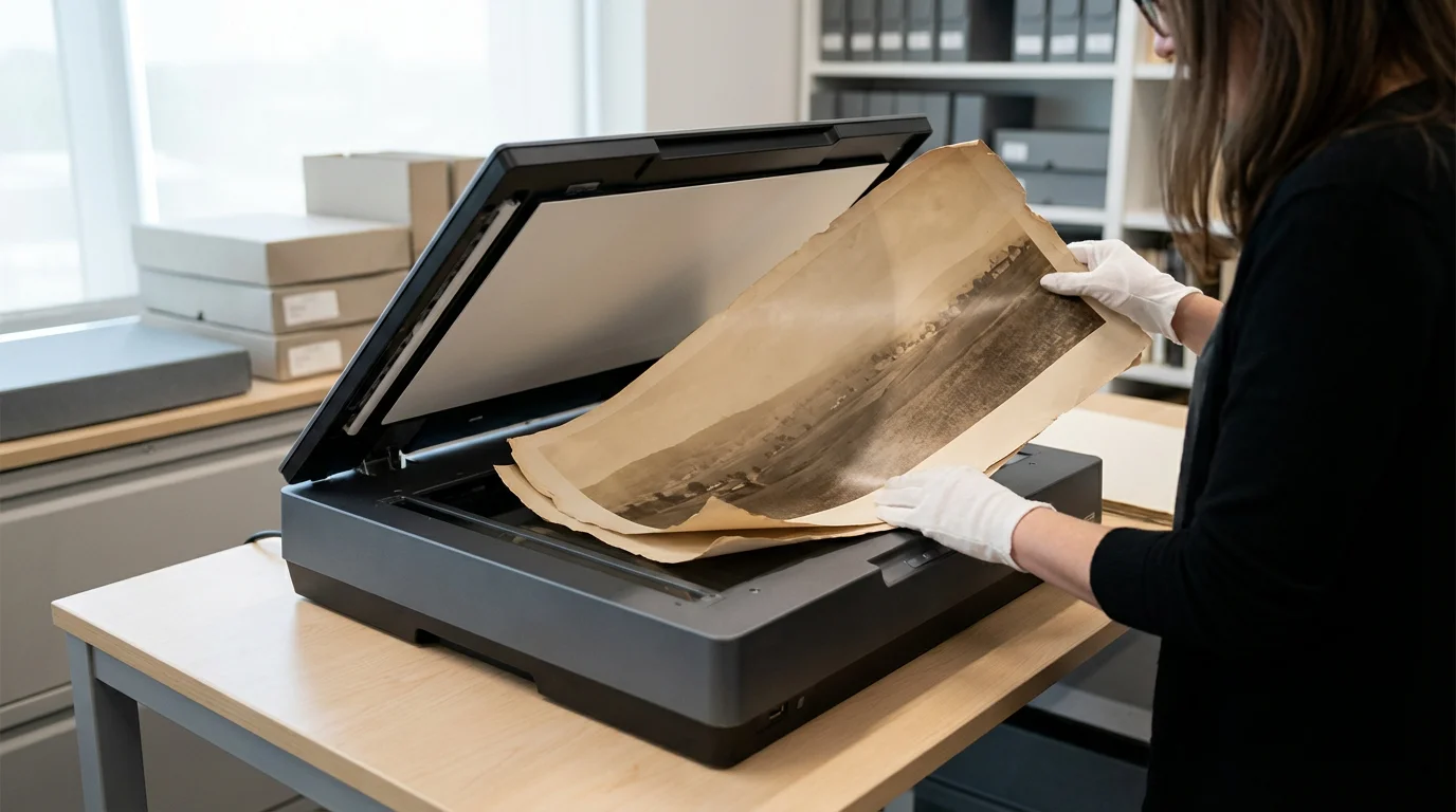 An archivist in gloves carefully places an oversized vintage panorama onto a professional photo scanner.
