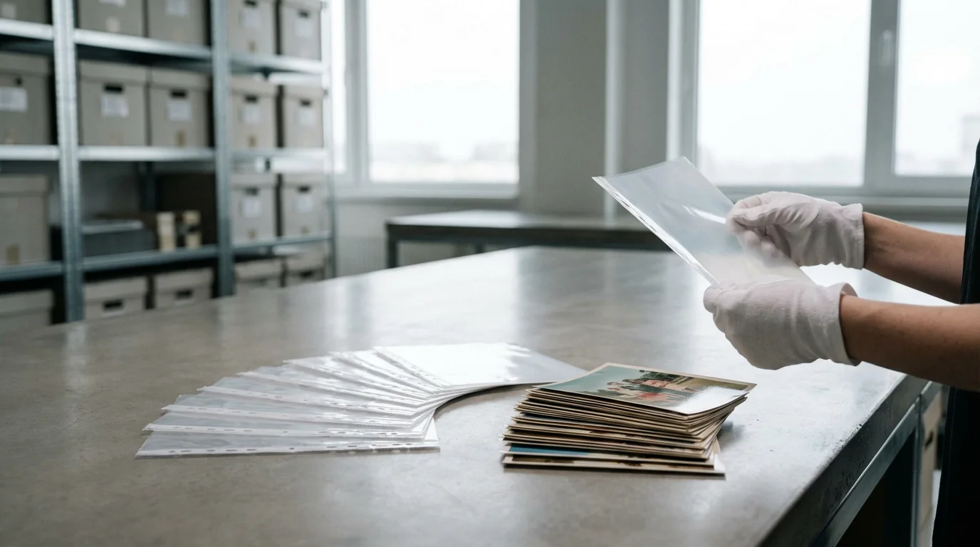 An archivist's workbench with various archival photo sleeves and a stack of photographs.