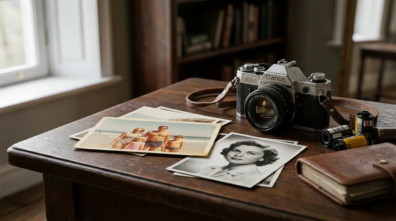 An arrangement of vintage photographs and an old film camera on a wooden table.