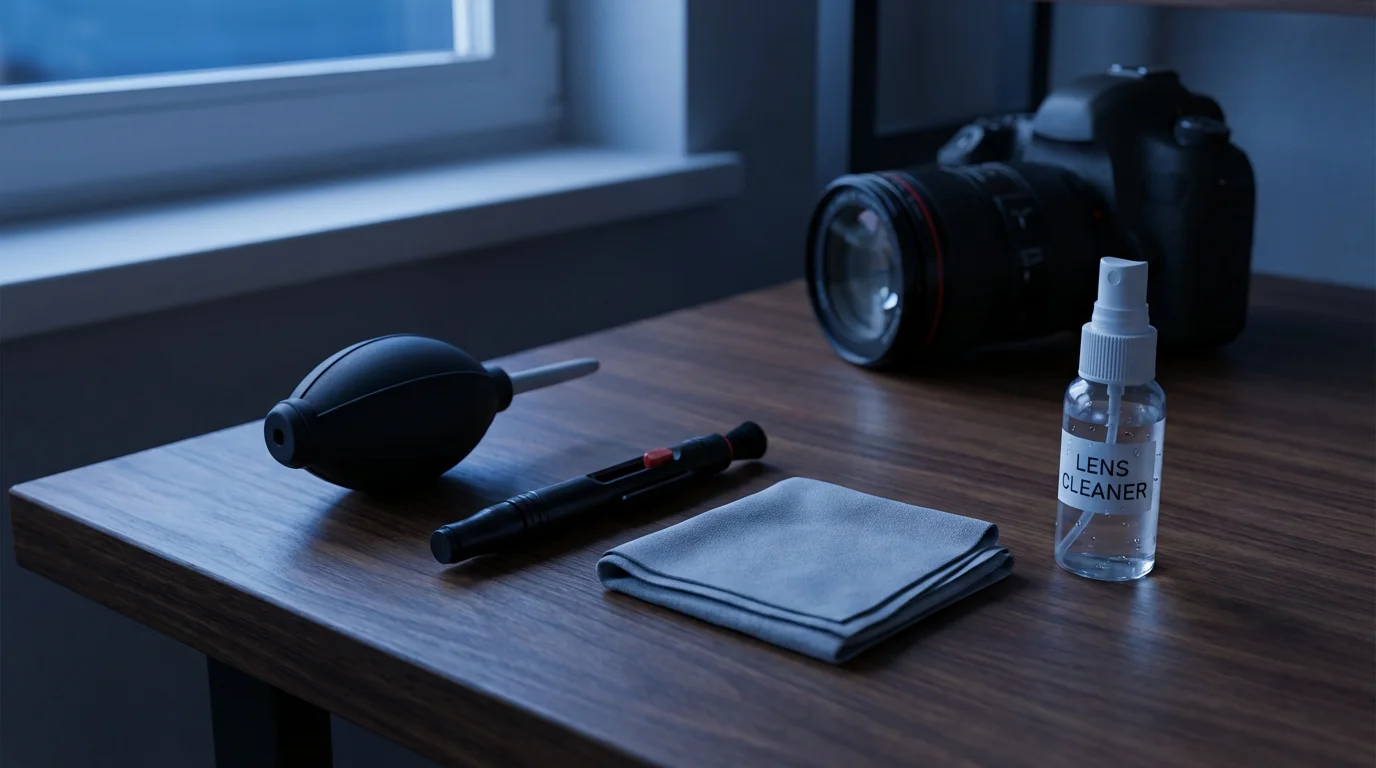 An assembled camera lens cleaning kit with essential tools on a desk at twilight.
