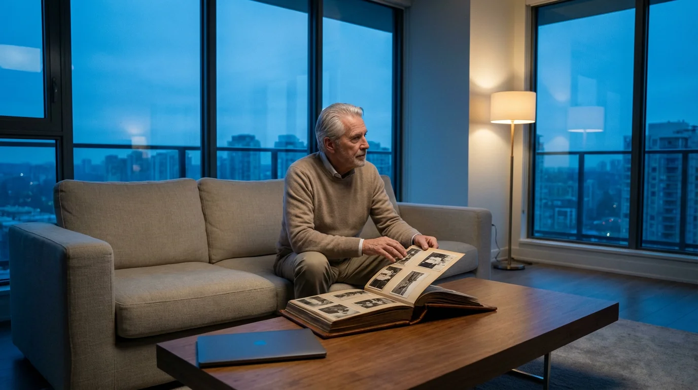 An elderly man looks at a photo album in a modern living room at dusk.